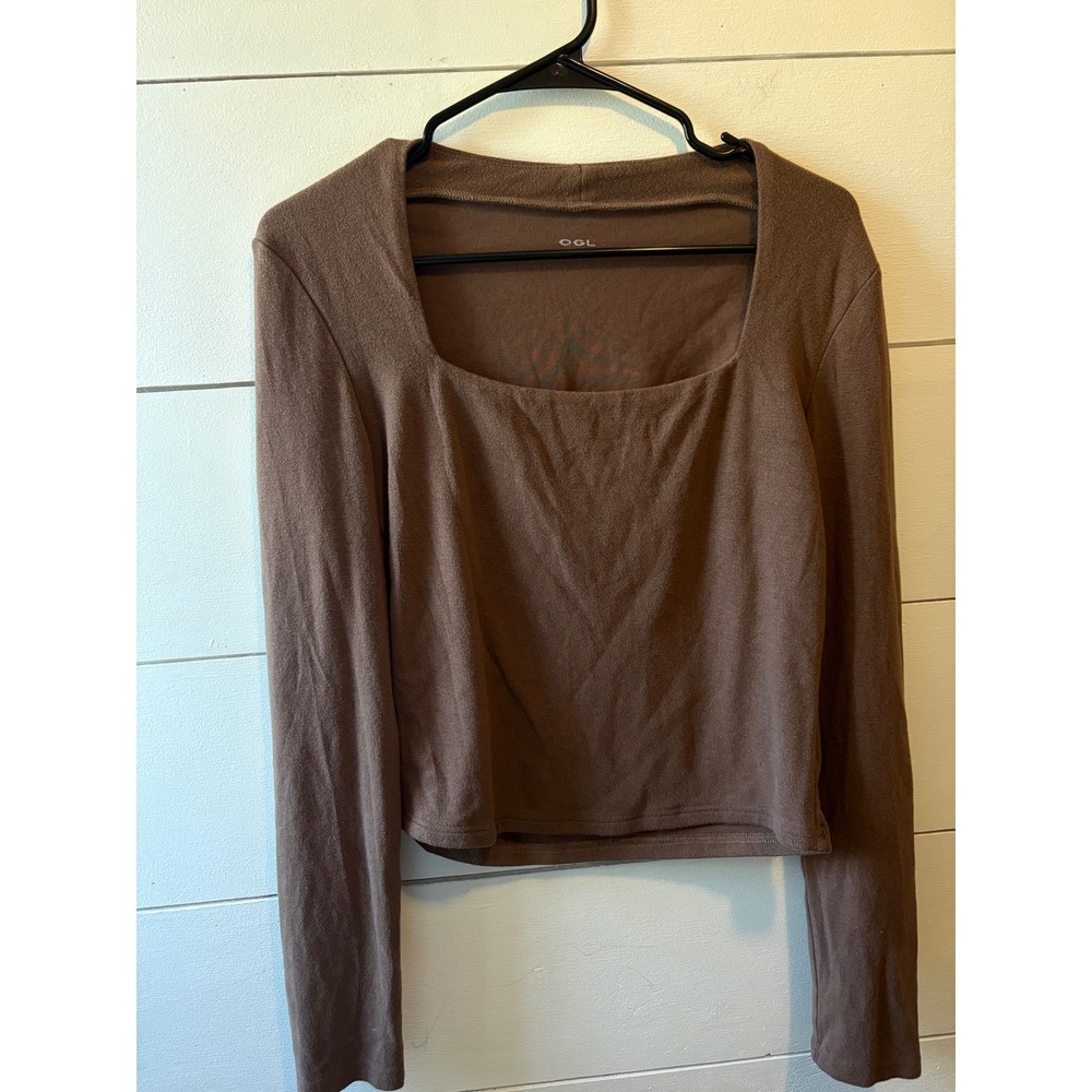OGL Women Brown Square Neck Long Sleeve Cropped Top Size 2XL Eco-Friendly Knit